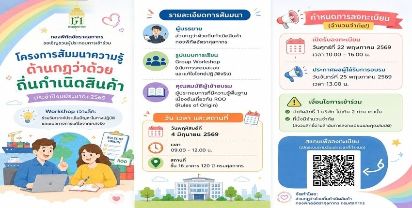 ประชาสัมพันธ์ >> โครงการสัมมนาความรู้ด้านกฎว่าด้วยถิ่นกำเนิดสินค้า ประจำปีงบประมาณ 2569