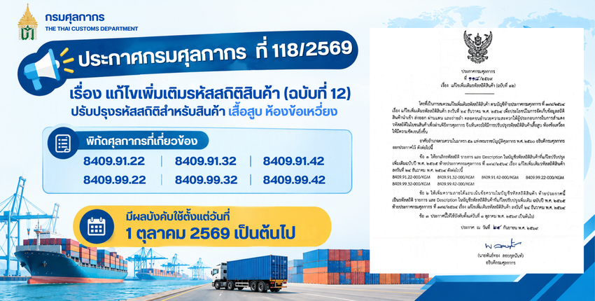ประกาศกรมศุลกากร ที่ 118/2569 เรื่อง แก้ไขเพิ่มเติมรหัสสถิติสินค้า (ฉบับที่ 12)